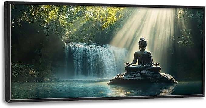 SweetFox Extra Large Buddha Framed Wall Art for Living Room, Zen Buddha Statue Pictures Oversized Wall Decor Forest Waterfall Big Canvas Painting Print Artwork for Bathroom Master Bedroom 60L X 30W