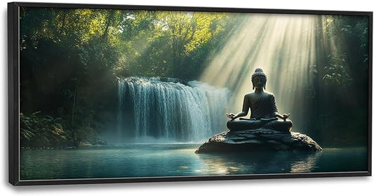 SweetFox Extra Large Buddha Framed Wall Art for Living Room, Zen Buddha Statue Pictures Oversized Wall Decor Forest Waterfall Big Canvas Painting Print Artwork for Bathroom Master Bedroom 60L X 30W