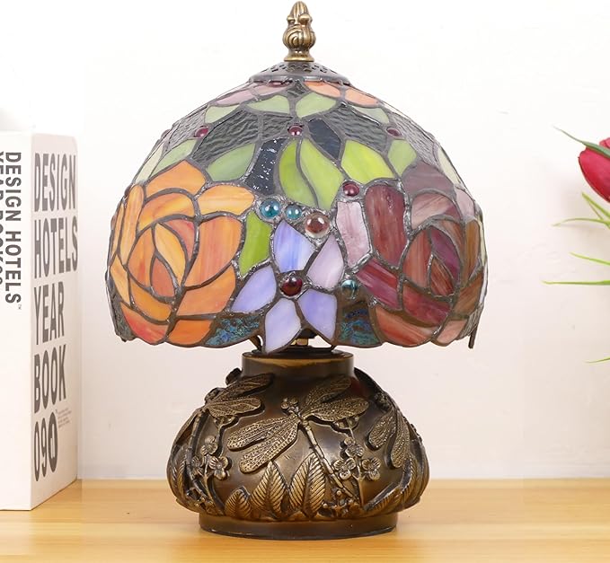Small Tiffany Lamp Stained Glass Table Lamp Mini Accent Lamp Handmade Mushroom Desk Memory Lamp Sympathy Bedside Night Light 8X11.5 Inch (Red Yellow Rose Style)