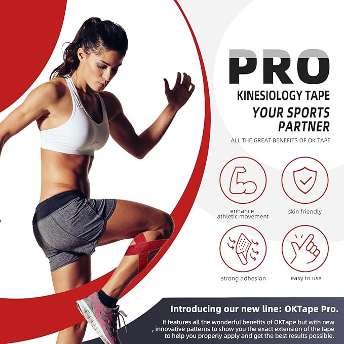 OK TAPE PRO Kinesiology Tape Uncut Roll, Elastic Physical Therapy Athletic Tape for Pain Relief, Muscle Support, Kinetic Tape, Water Resistant, 2in X 16.4ft -Red 2 Rolls