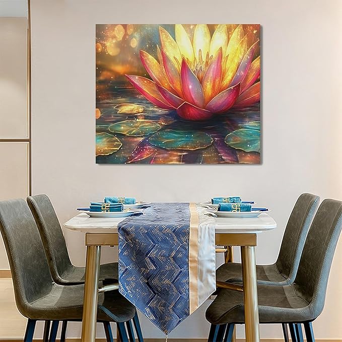 Framed Large Lotus Wall Art for Living Room, Oversized Zen Lotus Flower Wall Decor Golden Floral Canvas Painting Modern Artwork Home Decoration for Living Room Bedroom Office 60"x30"