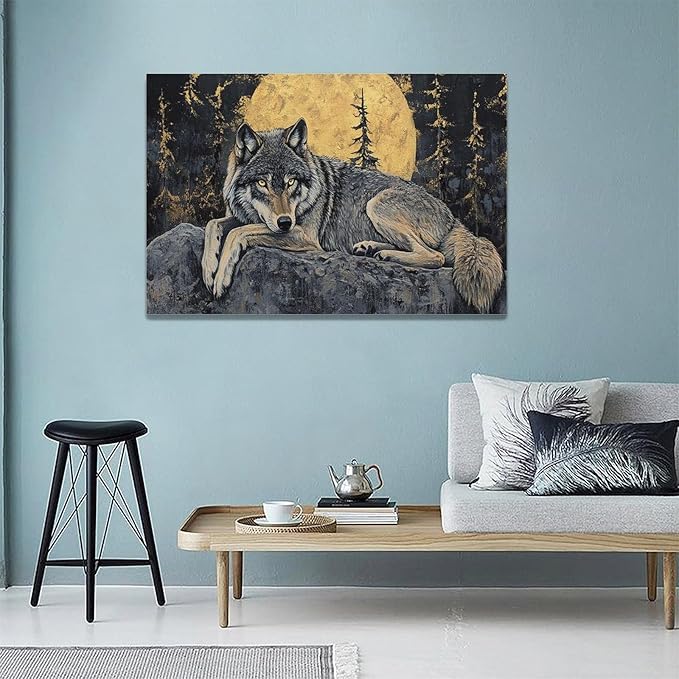 Wolf Wall Art Wolf Moon Pictures Wall Decor Wildlife Animal Canvas Painting Modern Artwork Home Decoration for Bathroom Office Living Room Bedroom Framed 24"x36"