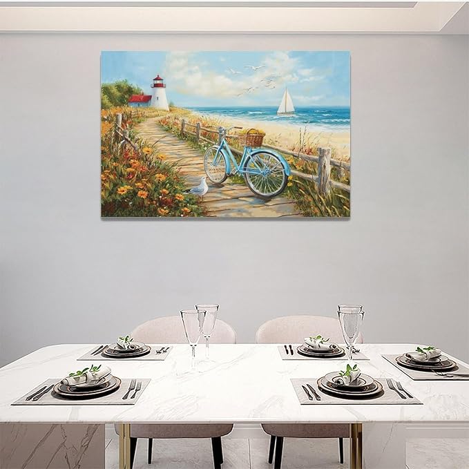 Olivine Coastal Wall Art, Beach Bicycle Pictures Wall Decor, Lighthouse Painting, Ocean Seascape Canvas Prints, Framed Artwork for Living Room Bedroom Bathroom Kitchen Office Home Decoration 24"x16"