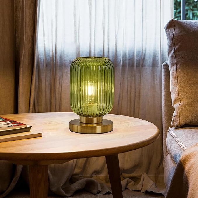 Glass Table Lamps Mid Century Modern Globe, Dimmable Green Table Lamp for Nightstand, Small Gold Table Lamp, Green Pumpkin Design Ribbed Glass Vintage Bedside Lamp for Bedroom Living Room Office