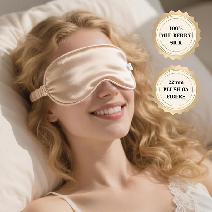 Pure 22 Momme 6A Grade Mulberry Silk Sleep Mask for Side Sleepers - 100% Blackout Eye Mask with Travel Pouch (Champagne)
