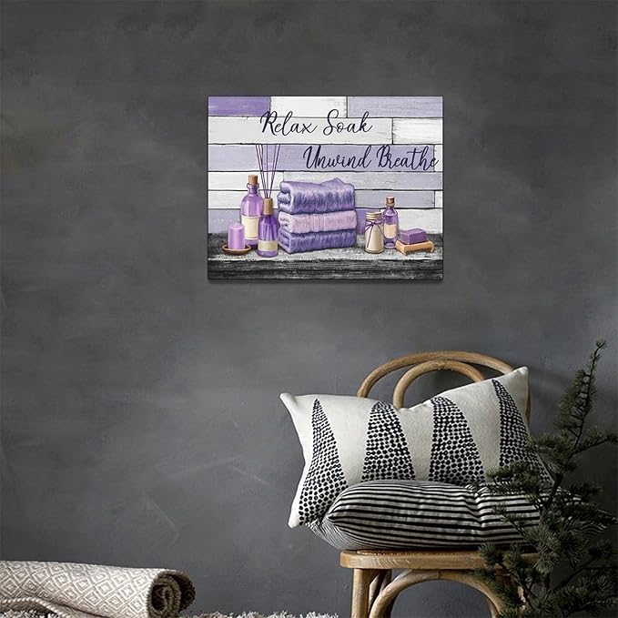 Farmhouse Bathroom Wall Art Relax Soak Unwind Breathe Wall Decor Rustic Bathroom Pictures Canvas Painting Framed Artwork Purple Country Home Decorations for Toilet Lavatory 16"x12"