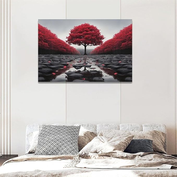 Black And Red Tree Wall Art Zen Stone Canvas Prints Pictures Large Red Tree Forest Landscape Wall Decor Modern Framed Artwork for Living Room Bedroom Office Spa Yoga 24"x16"