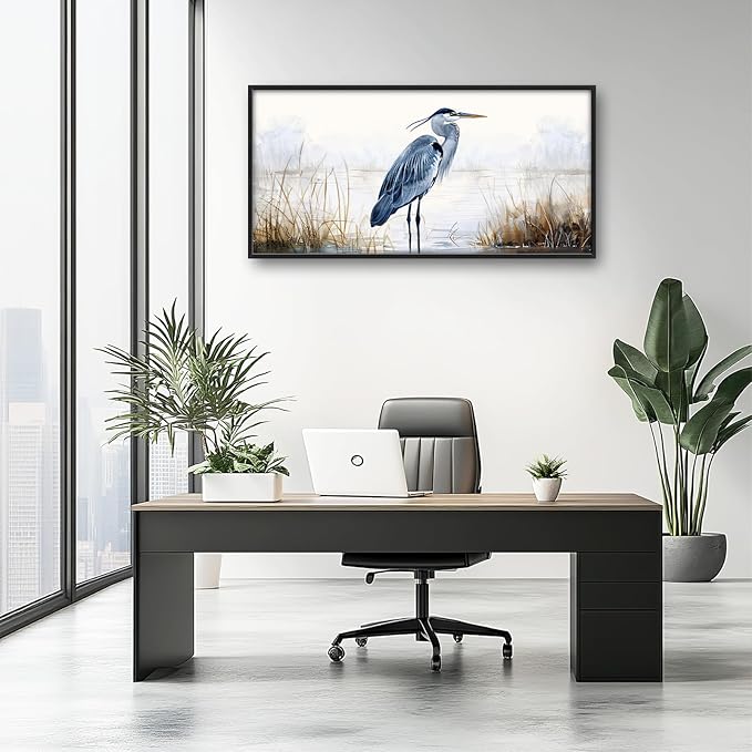 Heron Wall Art Blue Bird Pictures Wall Decor Chinoiserie Coastal Extra Large Canvas Prints Framed Artwork Paintings Home Office Decorations For Living Room Bedroom Dinning Room 60"x30"