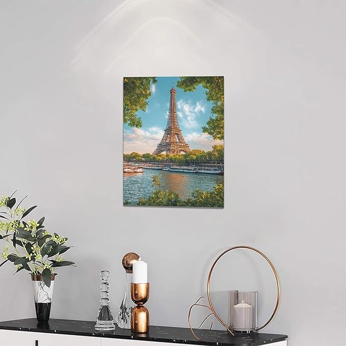Eiffel Tower Wall Art Paris Eiffel Tower Wall Decor Cityscape Pictures Canvas Painting Framed Artwork Home Decorations for Bathroom Living Room Bedroom Office Kitchen 12"x16"