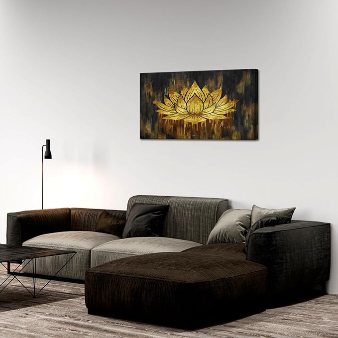SkenoArt Gold Lotus Wall Art Abstract Zen Lotus Canvas Wall Art Gold and Black Zen Flower Picture Artwork for Living Room Home Bedroom Wall Decor Stretched and Framed 20x36 inch