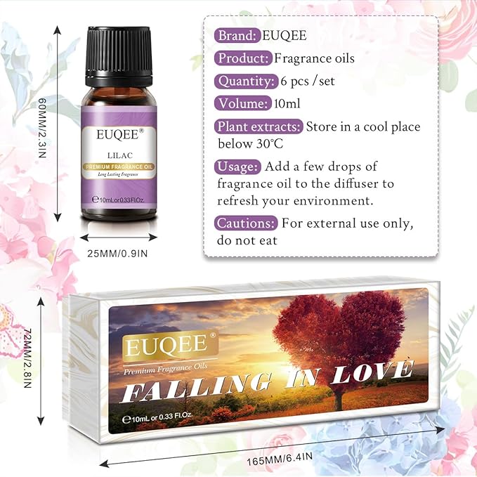 Premium Floral Fragrance Oils Set 6PCS Fragrance Oils Set for Diffuser, DIY Candle - Honeysuckle, Lilac, Japanese Magnolia, Violet, Orange Blossom (10ml)