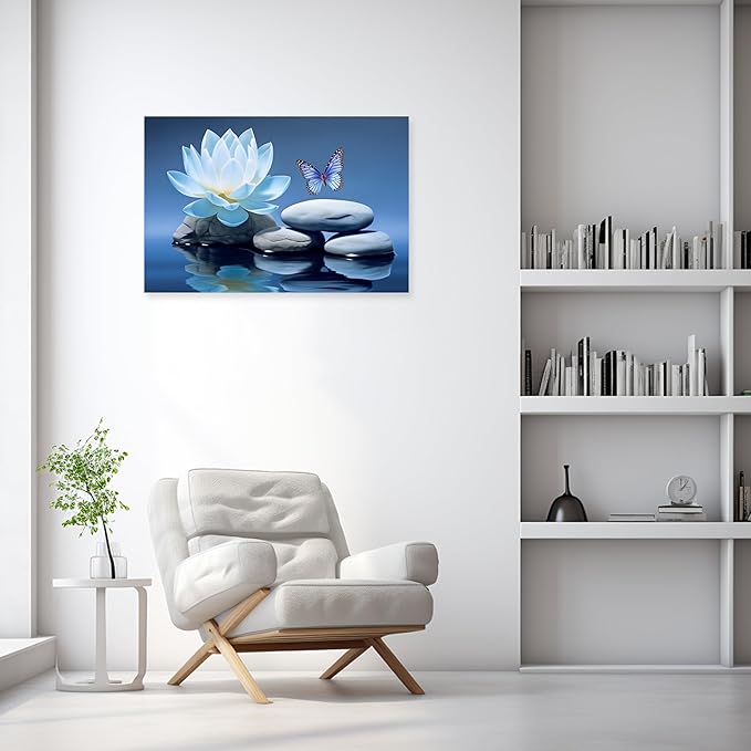ARTZGX Blue Zen Wall Art Lotus Flower Canvas Spa Stone Pictures for Bathroom Wall Decor Meditation Butterfly Painting Frame(Zen - A 16.00" x 24.00")