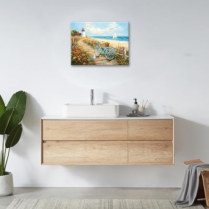 Olivine Coastal Wall Art, Beach Bicycle Pictures Wall Decor, Lighthouse Painting, Ocean Seascape Canvas Prints, Framed Artwork for Living Room Bedroom Bathroom Kitchen Office Home Decoration 16"x12"