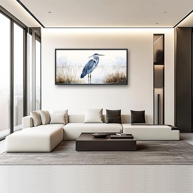 Heron Wall Art Blue Bird Pictures Wall Decor Chinoiserie Coastal Extra Large Canvas Prints Framed Artwork Paintings Home Office Decorations For Living Room Bedroom Dinning Room 60"x30"
