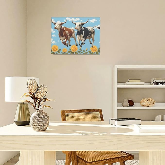 Longhorn Cow Wall Decor Funny Cow Canvas Wall Art Cute Cattle Pictures Painting Artwork Framed Decoration for Bedroom Bathroom Living Room Kitchen Dining Room Office 12"x16"