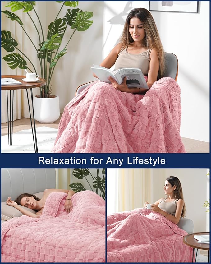 Kivik Dual Sided Weighted Blankets for Adults, Buttery Soft Stylish Checkered Heavy Blankets for Couch Sofa Bed - Ultra-Fluffy Fabric Brings Cloud-Like Comfort (60"x80"，Pink，20 Pounds)