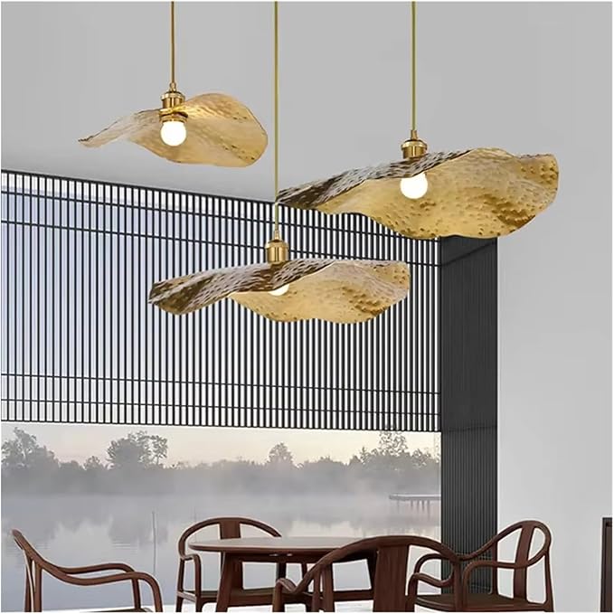 Creative New Chinese Lotus Leaf Pendant with Zen Intention Iron Art Hot Pot Shop Tea Table Retro Tearoom Decoration LightFixture,for Foyer Living Room