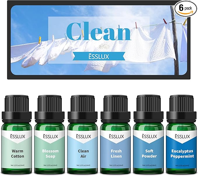 Clean Fragrance Oil, ESSLUX Essential Scented Oils for Diffuser for Home, Premium Soap Candle Making Scents, Aromatherapy Oils Collection for Laundry, Humidifiers, Fresh Scents for Spring Summer