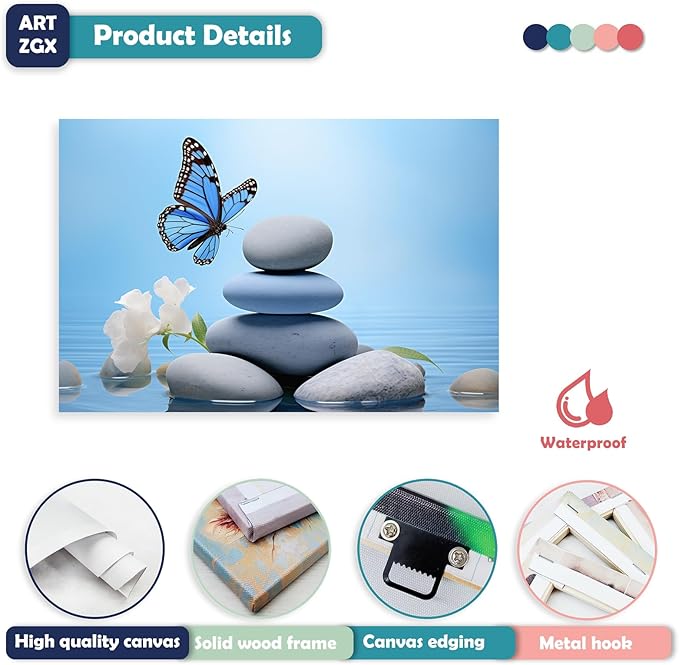 ARTZGX Zen Wall Art for Bathroom Zen Stone Picture Blue Butterfly Painting Still Life Artwork for Yoga Room Decor Frame(Zen - C 16.00" x 24.00")
