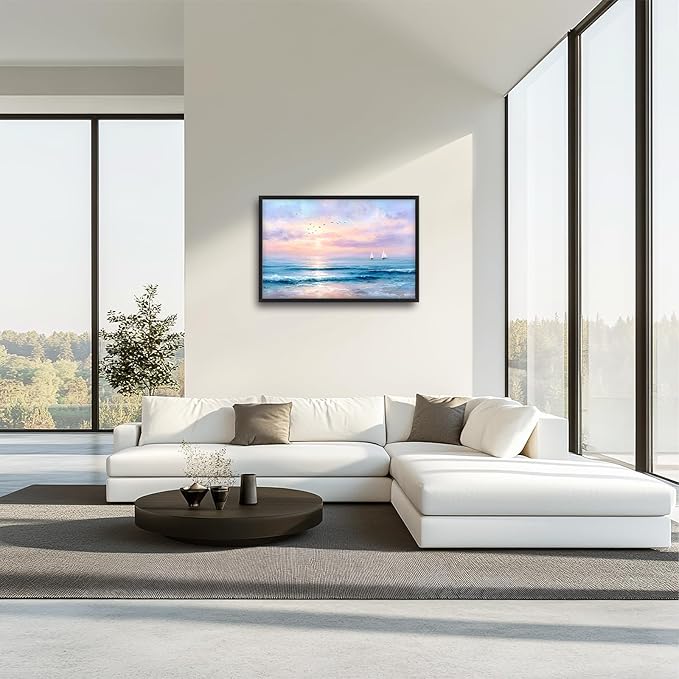 Glocmna Large Wall Art for Living Room Ocean Beach Wall Decor Nautical Sunrise Seascape Canvas Big Coastal Landscape Painting Print Artwork Framed Artwork Decorations Gifts for Bedroom Home Office Hotel 24"x36"