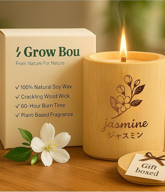 Wood Wick Candles That Crackle - Natural Bamboo Jar Candle, Jasmine Scented Candles for Home, 100% Soy Wax, 60-Hour Burn, Plant-Based Fragrance, Birthday Gifts for Women, 11 oz