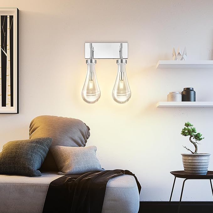 Raindrop Wall Sconces Chrome Crystal Sconces Wall Decor Modern Brass Lighting Glass Bathroom Sconces Indoor Vanity Light Wall Lamp for Bedroom Living Room Stair(2-Light)