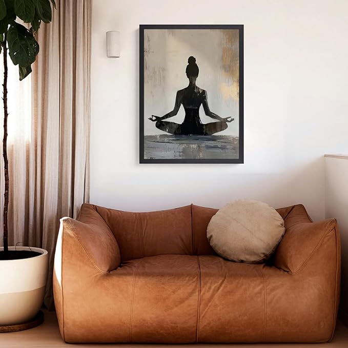 GELDSTEI Wood Framed Zen Wall Art, Modern Yoga Girl Canvas Painting, Tranquil Meditation Wall Decor, Spiritual Aesthetic Picture, Calming Mindfulness Poster Prints for Living Room Spa Yoga 16"x24"