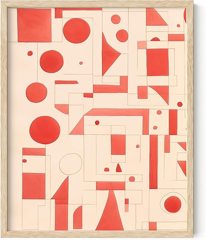 HAUS AND HUES Colorful Abstract Wall Art - Minimalist Retro Picture for Living Room Decor, Red and Pink Modern Wall Art Painting (Red Geometric, Beige Frame, 8x10)