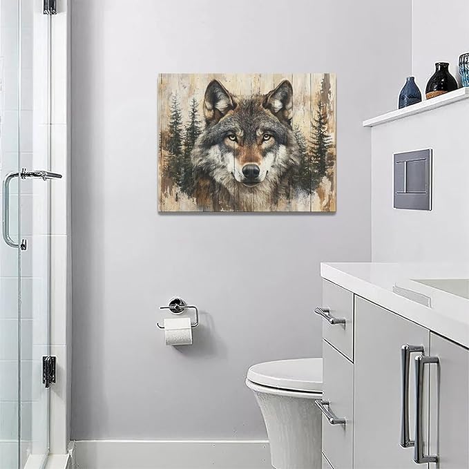 Vintage Wolf Wall Art Farmhouse Wildlife Wall Decor Country Animal Pictures Canvas Painting Artwork Home Decorations for Living Room Bedroom Bathroom Office 16"x12"