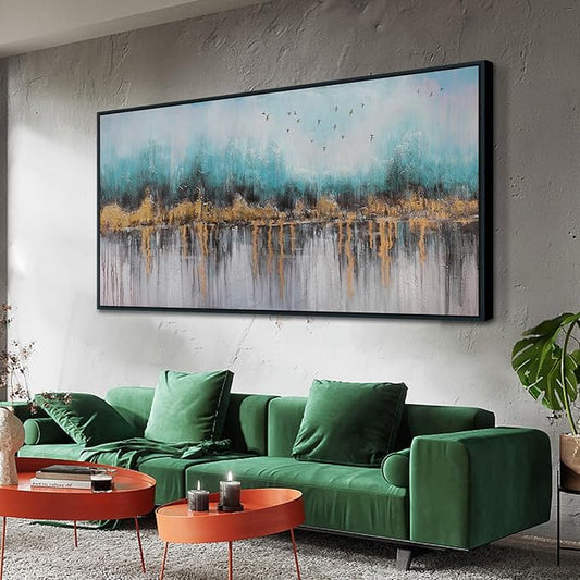 Ardemy Teal Abstract Canvas Wall Art for Living Room Landscape Painting Bedroom Turquoise Grey Textured Picture Artwork Wall Art for Men Home Office Wall Decor, Black Wood Framed Large 40"x20"