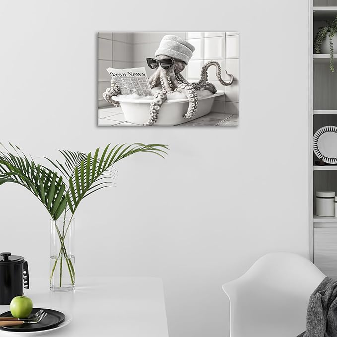 Olivine Octopus Wall Art, Funny Animal Pictures Wall Decor, Black And White Painting, Octopus Bathtub Canvas Prints, Framed Artwork for Bathroom Bedroom Living Room Office Home Decoration 24"x16"