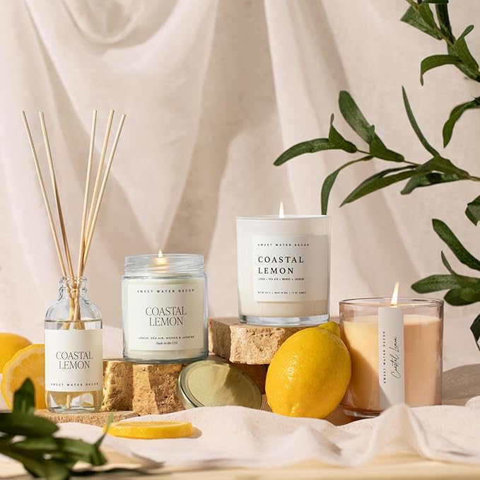 Sweet Water Decor Coastal Lemon Scented Candles – Soy Candles with Lemon, Sea Salt, Jasmine & Driftwood – Summer Cozy Aroma – 50 Hour Burn – 12oz Tinted Glass Jar for Home Decor and Bedroom Décor