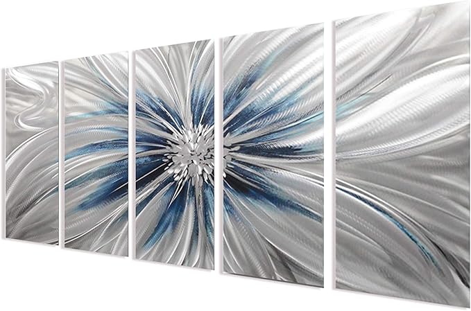 RICHSPACE ARTS Contemporary Metal Wall Art Blue and Silver Modern Sculpture Decor for Living Room 3d Flower Aluminum Artwork for Home and Office Farmhouse Style