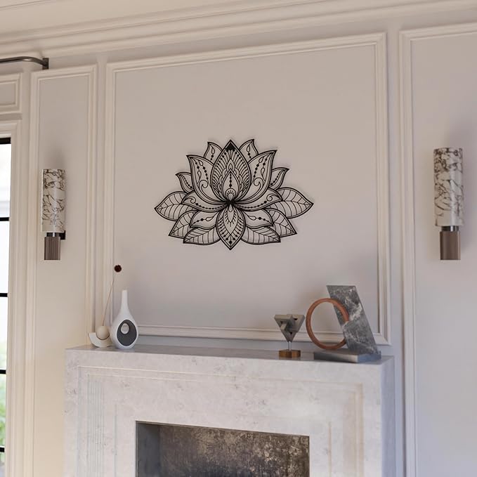 Colorfull Worlds Mandala Metal Wall Decor, Lotus Flower Meditation Room Decor, Minimalist Zen Garden Bohemian Gift for New Year (26.3" x 17" | 67 x 43 cm, Black)