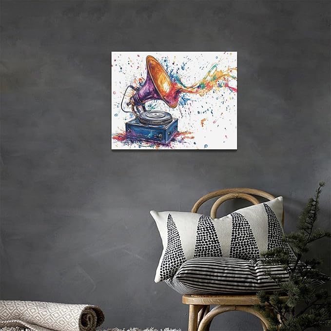 Fleruku Watercolor Phonograph Wall Art Colorful Phonograph Wall Decor Pictures Canvas Painting Artwork Home Decorations for Living Room Bedroom Bathroom Office Nursery Classroom 16"x12"