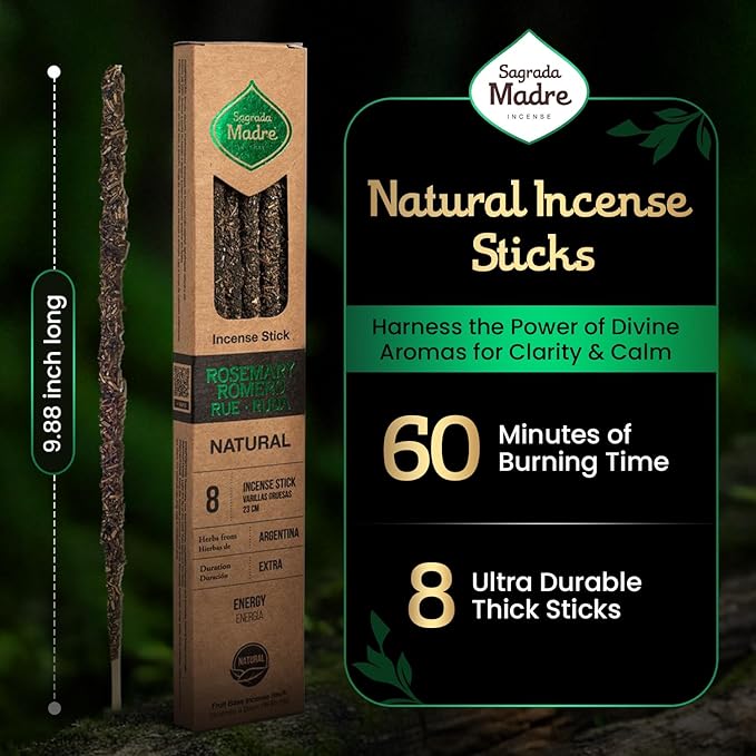 Handmade Rue, Rosemary Incense Sticks - 8 Frankincense Incenses (Each 9’’ Long) with Natural Ingredients for Spiritual Cleansing, Protection, & Balance - 1 Hour Burn Time