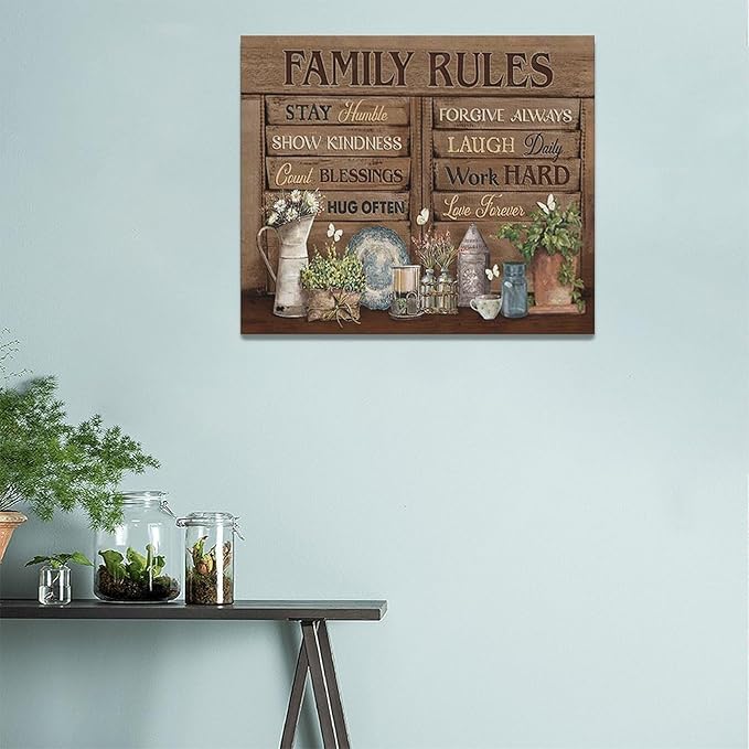 Country Family Rules Wall Art Farmhouse Inspiration Wall Decor Rustic Flower Home Sign Pictures Canvas Painting Artwork Home Decorations For Living Room Bedroom Bathroom Office 24"x20"