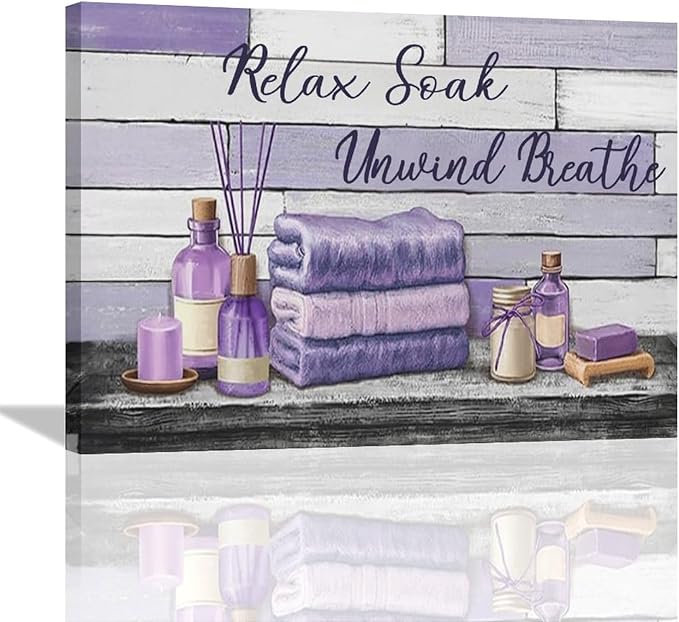 Farmhouse Bathroom Wall Art Relax Soak Unwind Breathe Wall Decor Rustic Bathroom Pictures Canvas Painting Framed Artwork Purple Country Home Decorations for Toilet Lavatory 16"x12"