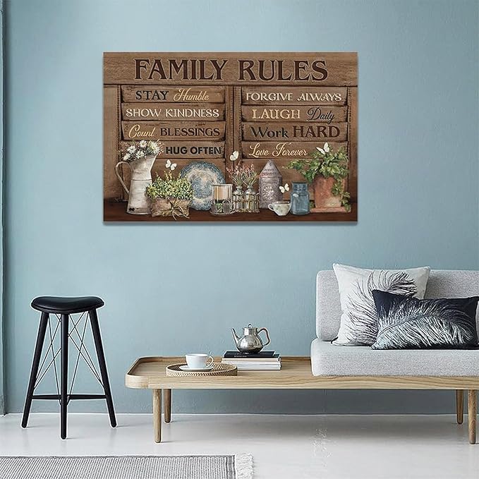 Country Family Rules Wall Art Farmhouse Inspiration Wall Decor Rustic Flower Home Sign Pictures Canvas Painting Artwork Home Decorations For Living Room Bedroom Bathroom Office 24"x16"