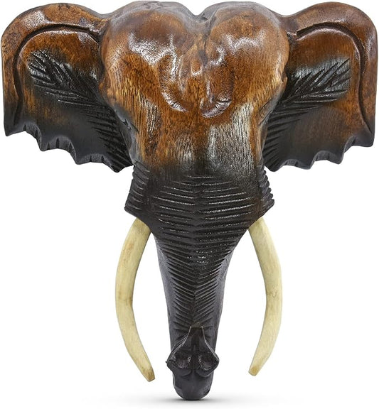 AeraVida Powerful Thai Elephant Head Trophy Mount Sculpture Hand Carved Wood Wall Art | Large Elephant Head Statue for Home Decor (Style2)
