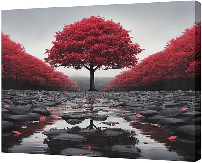 Black And Red Tree Wall Art Zen Stone Canvas Prints Pictures Large Red Tree Forest Landscape Wall Decor Modern Framed Artwork for Living Room Bedroom Office Spa Yoga 24"x20"