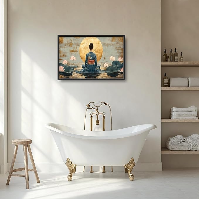 Japanese Woman Large Wall Art Lotus Moon Pictures Wall Decor Nature Canvas Landscape Print Painting Modern Artwork Home Decoration for Living Room Bathroom Bedroom Office Framed 24"x36"