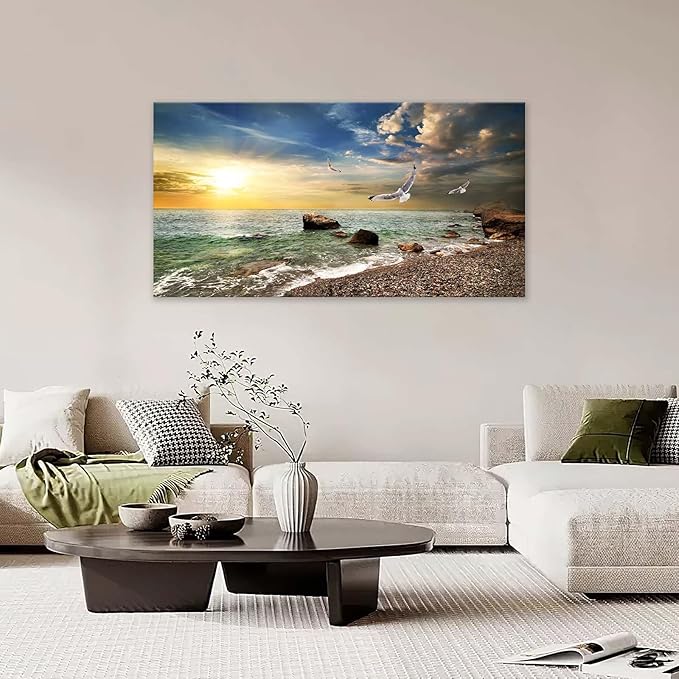 Coastal Beach Big Wall Art Ocean Picture Wall Decor Gold Sunlight Seagull Seascape Theme Large Canvas Print Modern Frame Artwork for Bedroom Bathroom Living Room Home Office 60"x30"