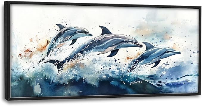 SweetFox Extra Large Watercolor Dolphin Framed Wall Art for Living Room,Ocean Dolphin Pictures Oversized Wall Decor Abstract Canvas Painting Print Artwork for Bathroom Master Bedroom 60L X 30W