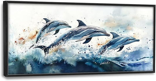 SweetFox Extra Large Watercolor Dolphin Framed Wall Art for Living Room,Ocean Dolphin Pictures Oversized Wall Decor Abstract Canvas Painting Print Artwork for Bathroom Master Bedroom 60L X 30W