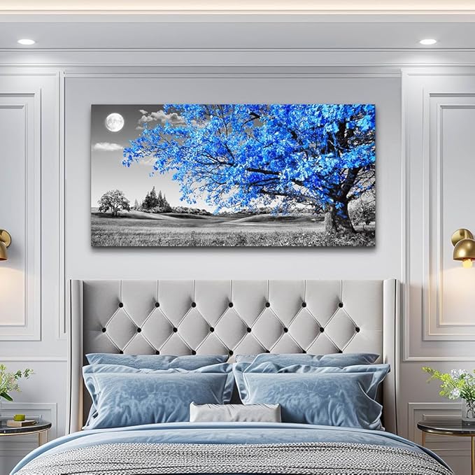 wall art for living room Simple Life Blue moon tree landscape Abstract painting office Wall Decor 24" x 48" single Pieces Canvas Prints Ready to Hang for Home Decoration Black and white Works of art
