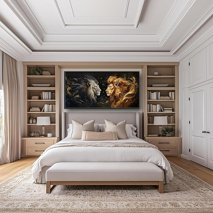 SweetFox Extra Large Lion King Framed Wall Art for Living Room, Lion and Golden Lioness Pictures Oversized Wall Decor Abstract Canvas Painting Print Artworks for Bathroom Master Bedroom 60L X 30W