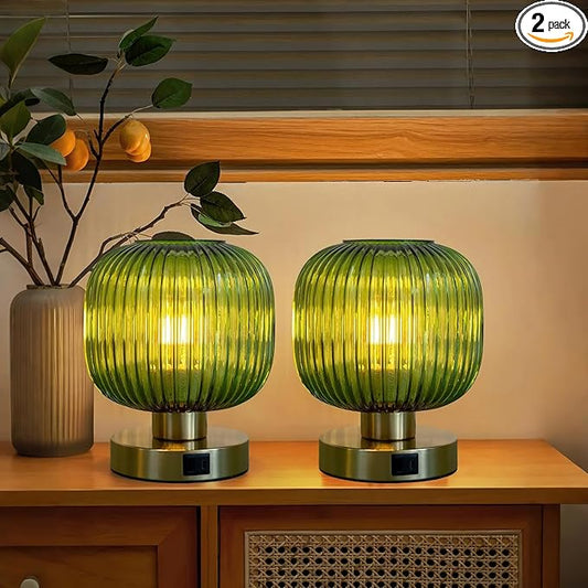 Touch Control Small Table Lamp Set of 2, Elegant Green Glass Bedside Lamp 3 Way Dimmable with USB C+A Charging Ports - Bedroom Nightstand & Living Room Essential, 4W Bulb Included