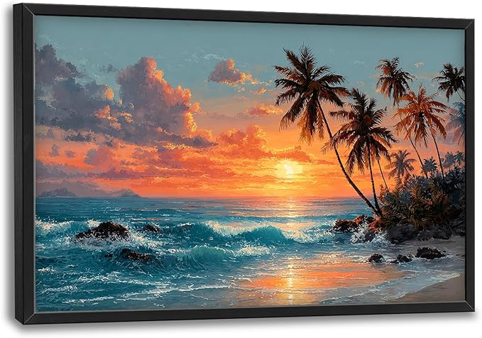 Glocmna Large Wall Art for Living Room Beach Sunset Ocean Waves Wall Decor Tropical Coastal Palm Trees Scenery Canvas Big Seascape Pictures Painting Print Framed Artwork Decorations Gifts for Bedroom Home Office Hotel 24"x36"