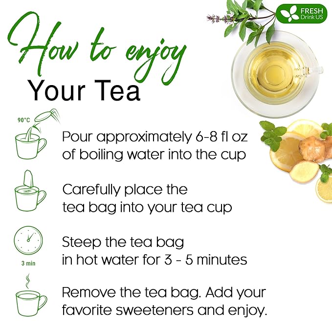 FreshDrinkUS, Premium Tulsi Peppermint Herbal Tea – 55 Tea Bags, 100% Natural, Blend of Tulsi Holy Basil Leaves, and Peppermint Leaves. Made with Natural Material Tea Bags. No Sugar, Vegan.